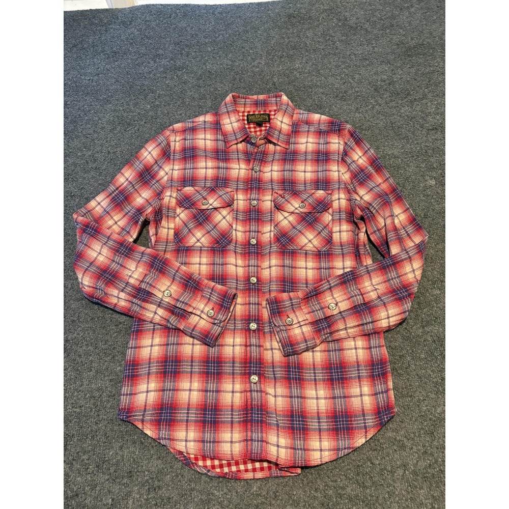 True Religion Shirt Mens Small Red Blue Plaid Western Button Up Flannel Cotton